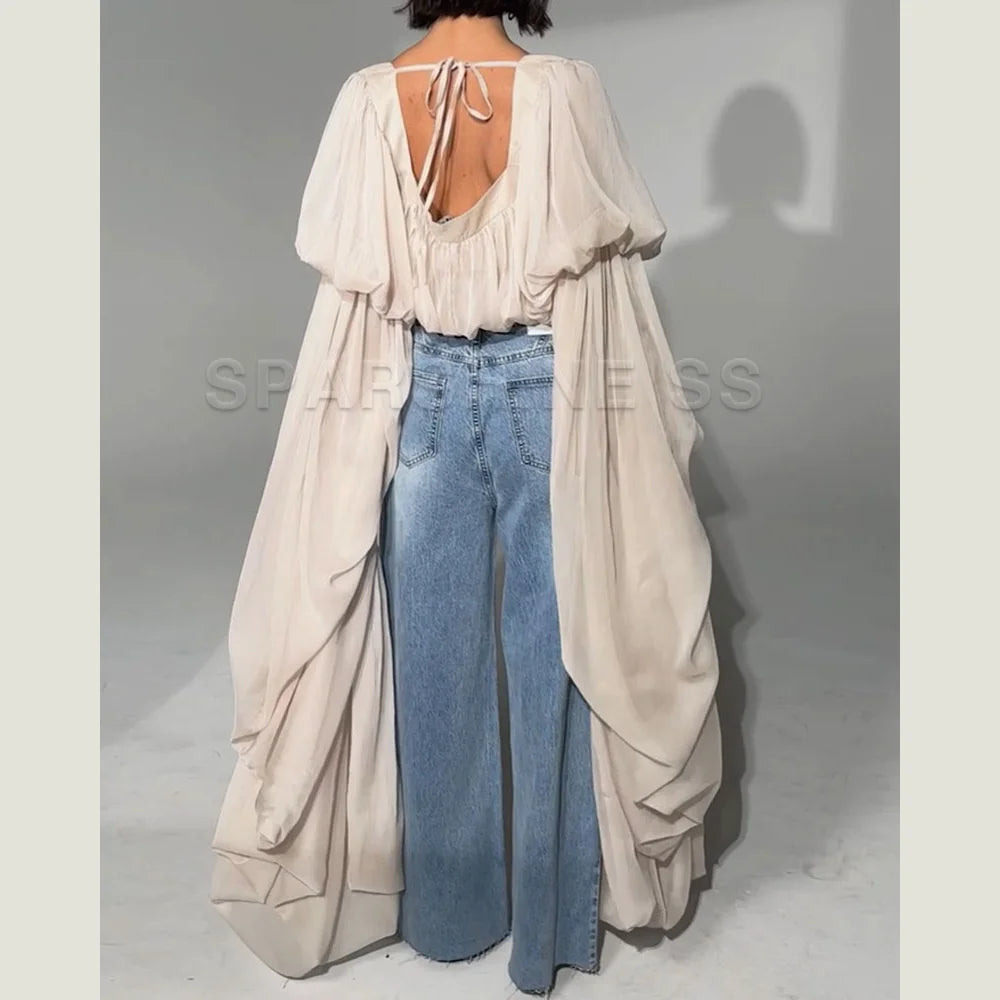 Women Chiffon Crop Top, Puff Long Sleeve Blouse, Square Neck Backless Tie Sheer Shirt for Party Nightclub