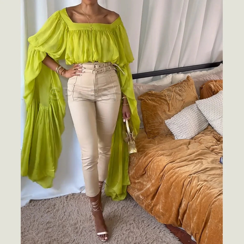 Women Chiffon Crop Top, Puff Long Sleeve Blouse, Square Neck Backless Tie Sheer Shirt for Party Nightclub