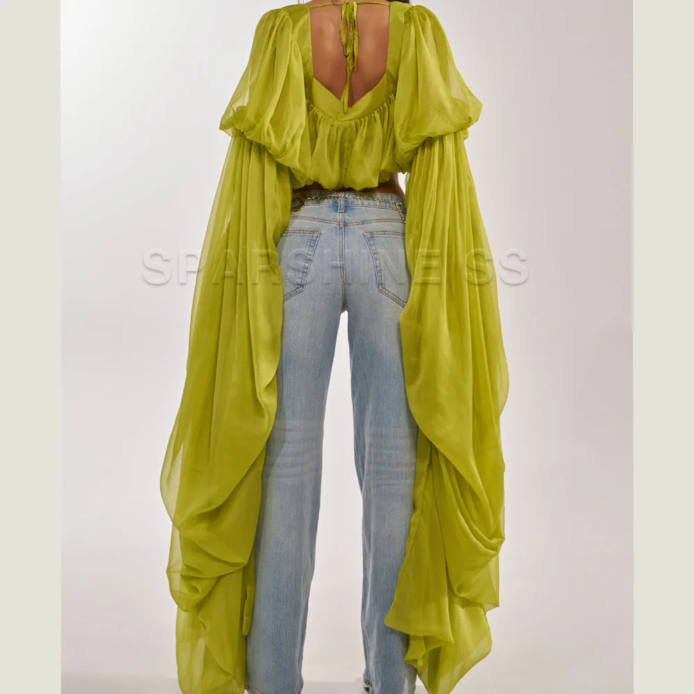 Women Chiffon Crop Top, Puff Long Sleeve Blouse, Square Neck Backless Tie Sheer Shirt for Party Nightclub