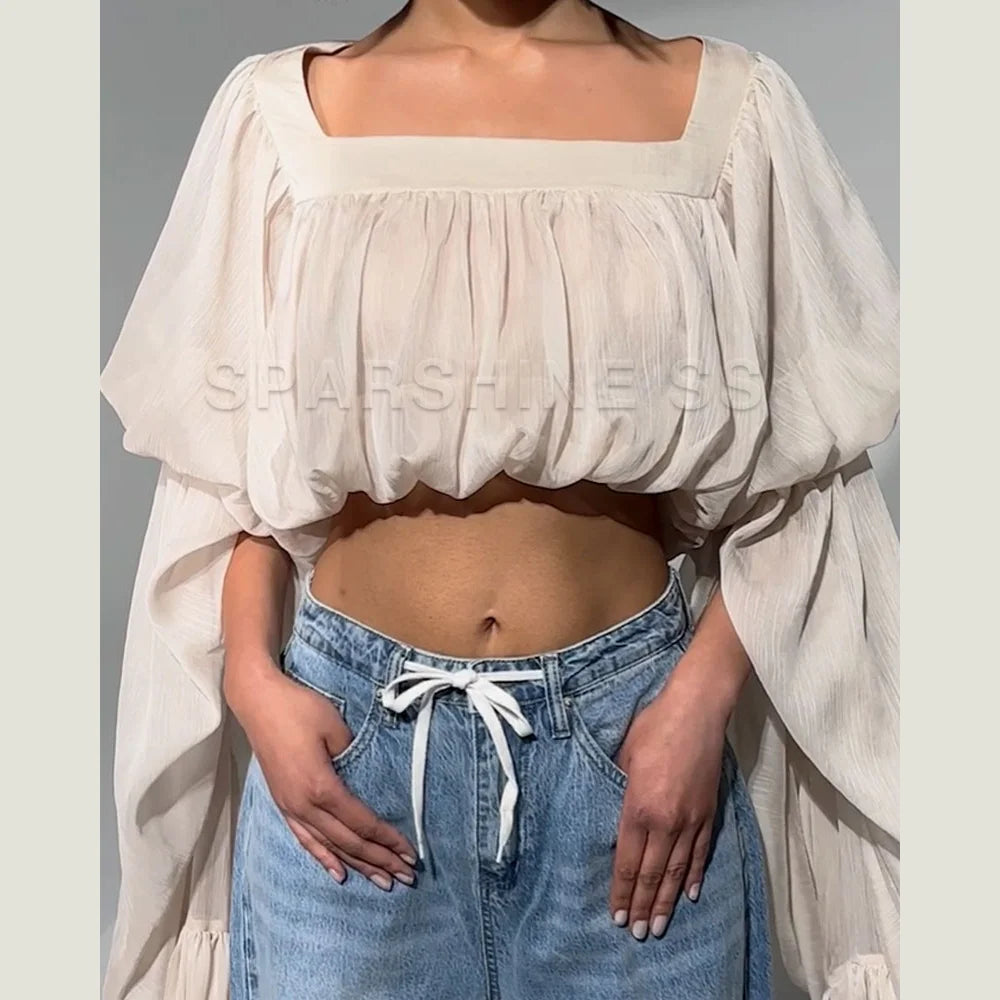 Women Chiffon Crop Top, Puff Long Sleeve Blouse, Square Neck Backless Tie Sheer Shirt for Party Nightclub